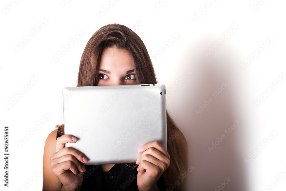 young caucasian female using tablet isolated on white young caucasian female using tablet isolated on white