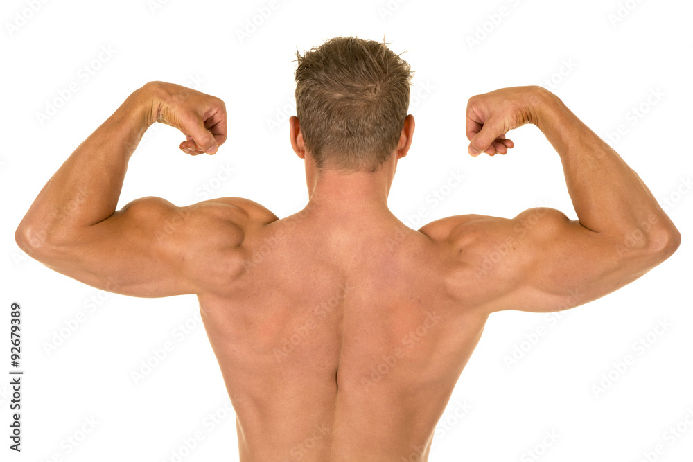 shirtless strong man flex back Stock Photo