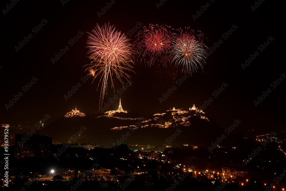 Celebrate firework with 3 ancient pagodas on the mountain in night sky Celebrate firework with 3 ancient pagodas on the mountain in night sky