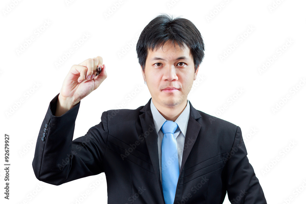Handsome Business man writing with pen in the air isolated Handsome Business man writing with pen in the air isolated