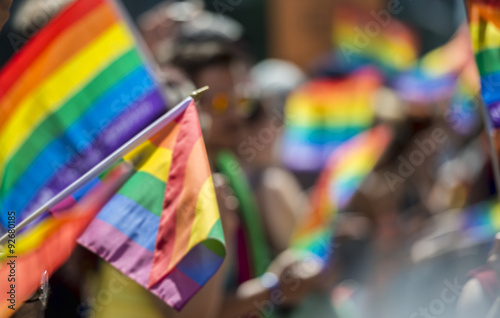 GayPride spectators carrying Rainbow gay flags during Montreal Pride Parade
