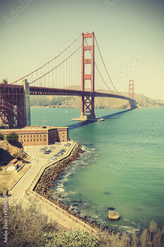 Old film retro style Golden Gate Bridge in San Francisco, USA.