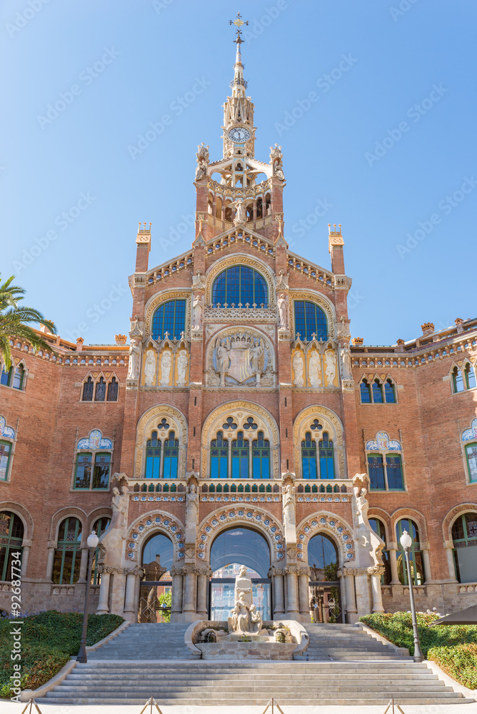 Forefront of the former Hospital of the Holy Cross and Saint Paul, Hospital de la Santa Creu i Sant Pau. The famous building, designed in the catalan modernisme, is a UNESCO World Heritage Site