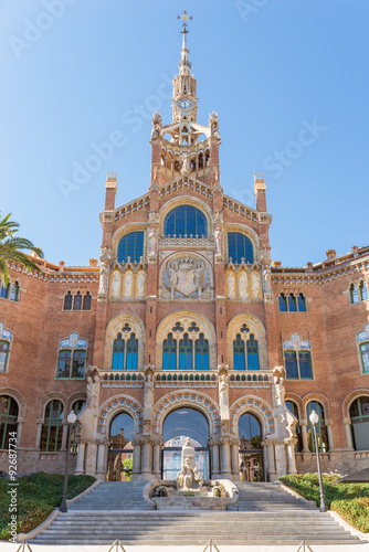 Forefront of the former Hospital of the Holy Cross and Saint Paul, Hospital de la Santa Creu i Sant Pau. The famous building, designed in the catalan modernisme, is a UNESCO World Heritage Site