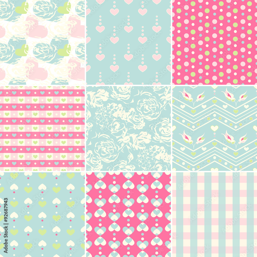 Seamless pattern set with hearts, chevron, roses, dots and gingham Seamless pattern set with hearts, chevron, roses, dots and gingham