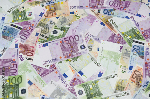 Scattered euro currency banknotes, closeup view