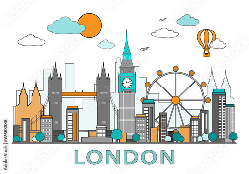 Thin line flat design of London city. Modern London skyline vector illustration, isolated on white background
