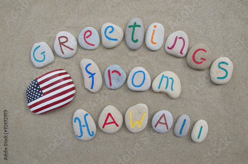Greetings from Hawaii, souvenir on carved and colored stones
