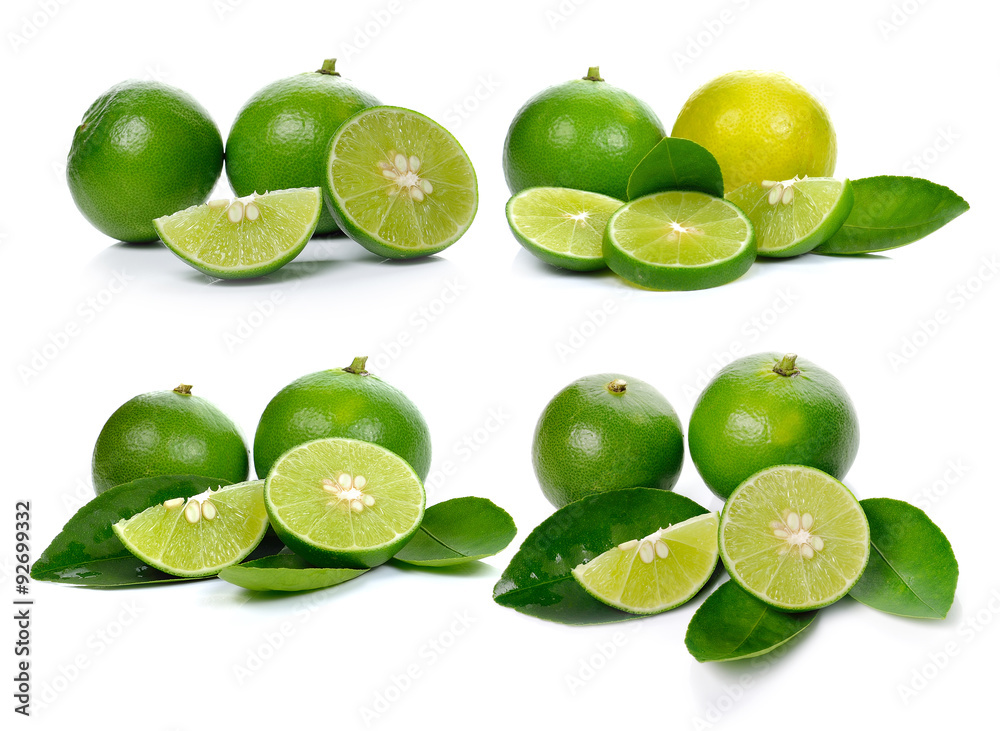 Obraz premium Fresh lime and slice, Isolated on white background