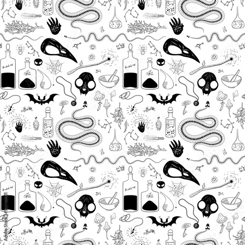 Magical pattern with animal skulls, skeletons of snakes