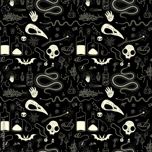 Magical pattern with animal skulls, skeletons of snakes
