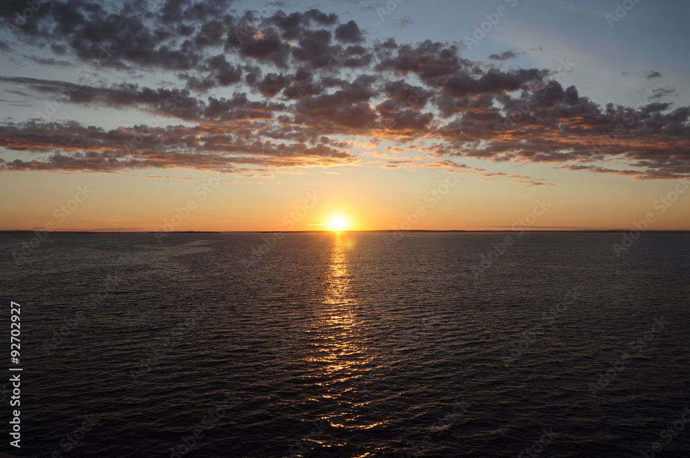 Sunrise view on the ship traveling from Denmark to Norway