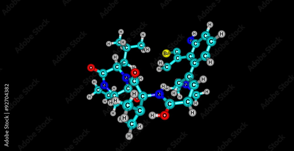 Bromocriptine molecular structure isolated on black