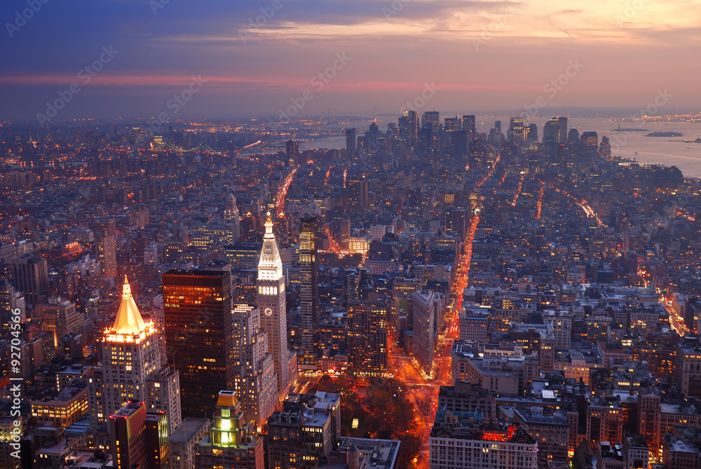 New York City Manhattan skyline aerial view panorama at sunset