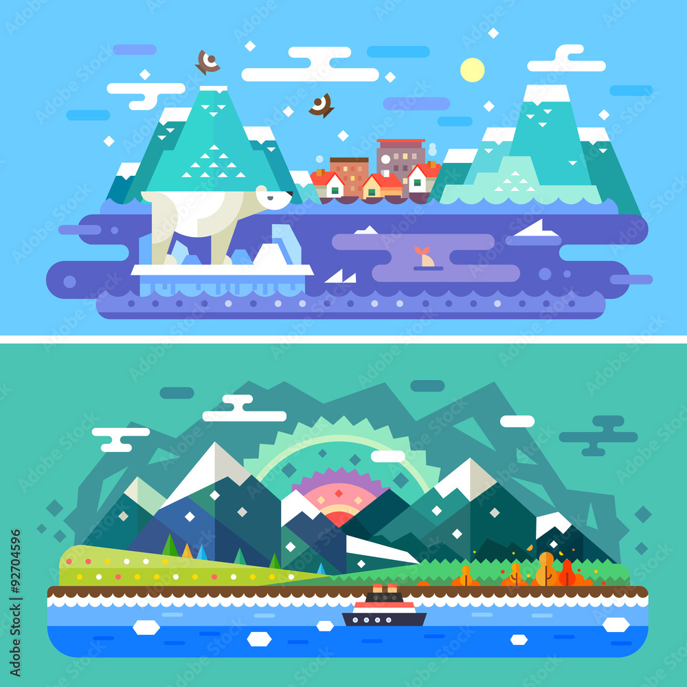 Alaska skylines: winter nature, polar bear, ship, Pacific Ocean, mountains, sea, snow, north. 2 Sets of vector flat colorful illustrations.