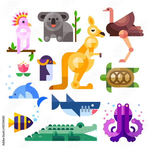 Nice flat Australian animals: kakadu, kangaroo, parrot, koala, emu, ostrich, dolphin, penguin, turtle, shark, clown fish, crocodile, octopus. Flat vector illustration set.
