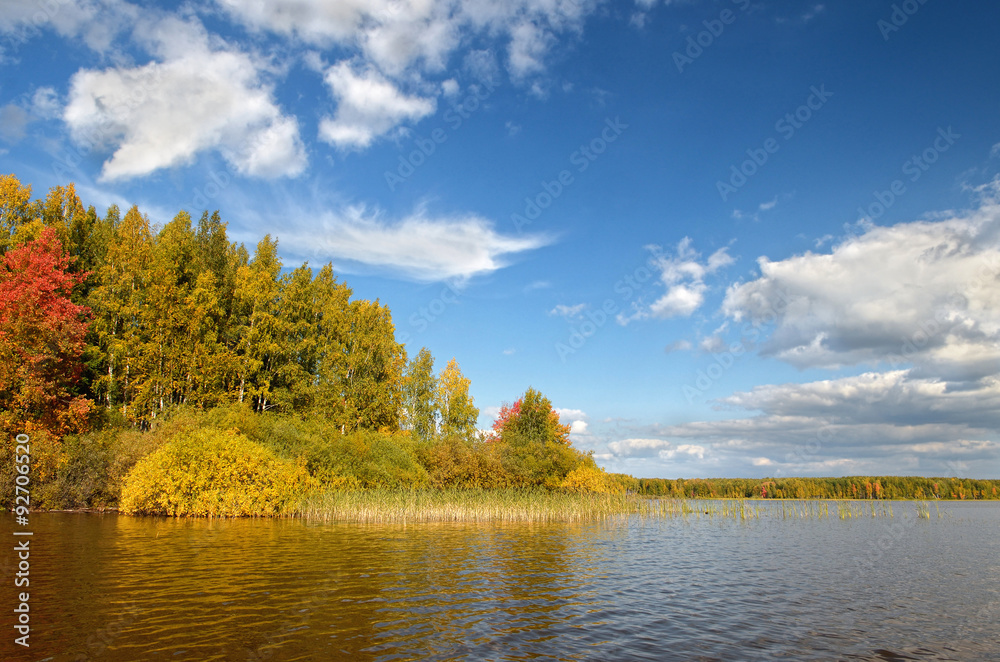 Fototapeta premium Landscape colorful autumn forest lake river sky clouds