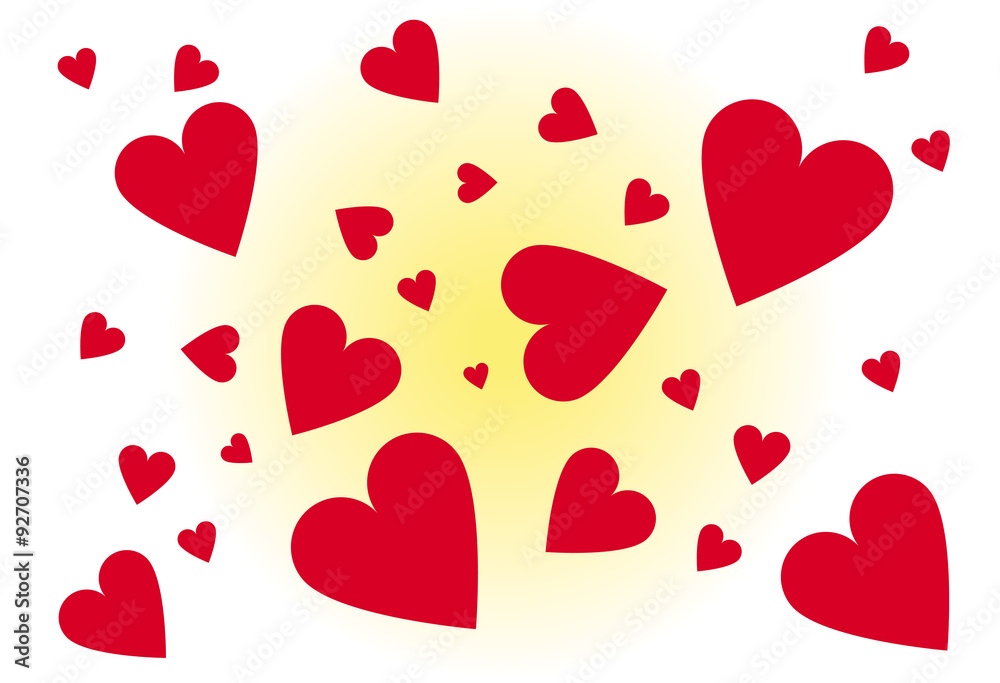 illustration of hearts floating on a white background with a yellow glow in center