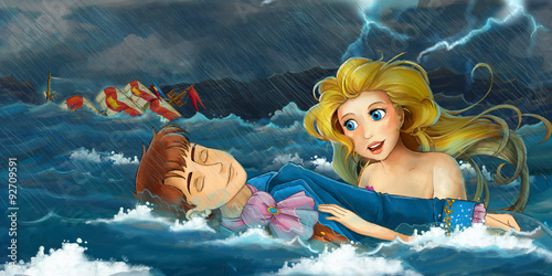 Cartoon adventure scene - storm on the sea - scene with mermaid rescuing someone - illustration for the children