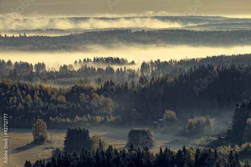 Foggy countryside view. Landscape just before the sunrise in the morning.