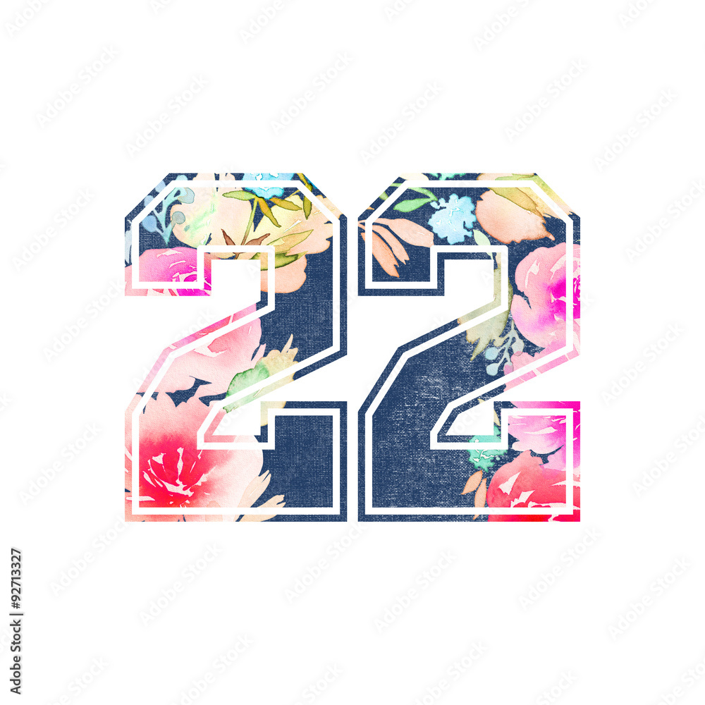 Print on t-shirt floral pattern with number. Watercolor painting