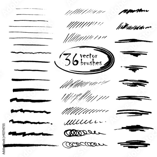 36 vector art brushes. Hand drawn ink brushes with rough edges. photo