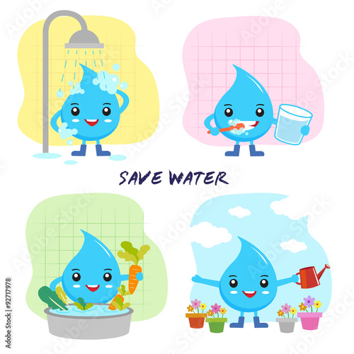 save water concept, save the world, cartoon water drops character