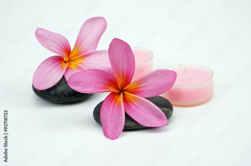 Pink Frangipani flowers on pebble with pink candle isoalted on w Pink Frangipani flowers on pebble with pink candle isoalted on w