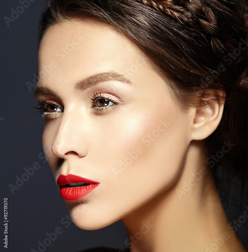 glamour portrait of beautiful  woman model lady with fresh daily makeup with red lips and clean face and romantic wavy hairstyle.