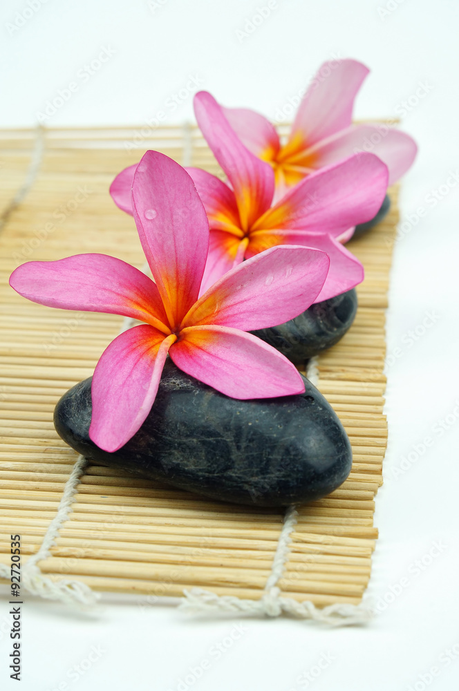 Pink Frangipani with black pebbles on bamboo mat. Spa concept Pink Frangipani with black pebbles on bamboo mat. Spa concept