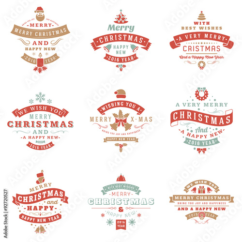 Set of Retro Vintage Typographic Merry Christmas and Happy New Year Badges. Vector Illustration in Retro Colors