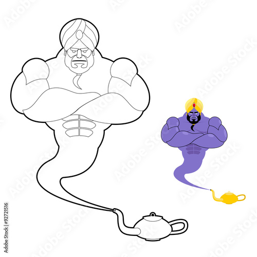 Genie and  magic lamp coloring book. Strong man in  turban. Fant