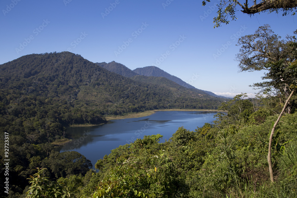 The Batur lake and volcano are in the central mountains in Bali near the Kintamani village, Indonesia