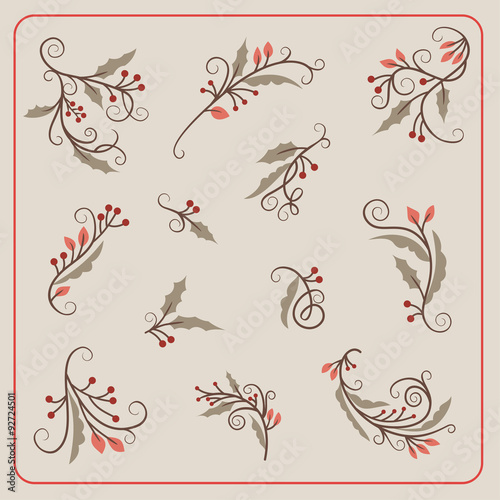 Set of Hand Drawn Vector Christmas Decoration Mistletoe Branches with Berries