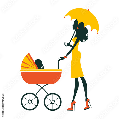 Fashion mom with baby in pram under umbrella