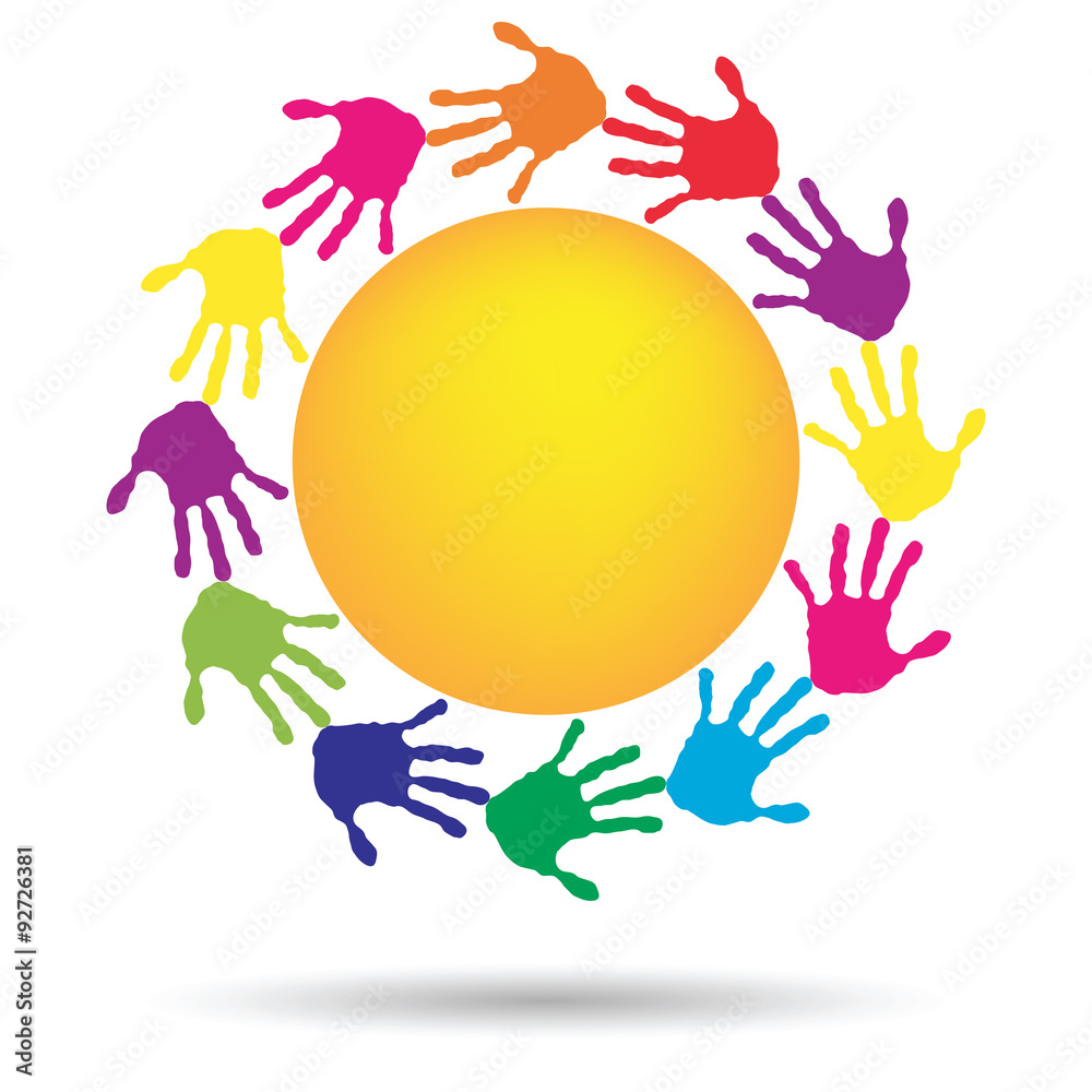 Vector concept circle of hands, yellow sun symbol Vector concept circle of hands, yellow sun symbol