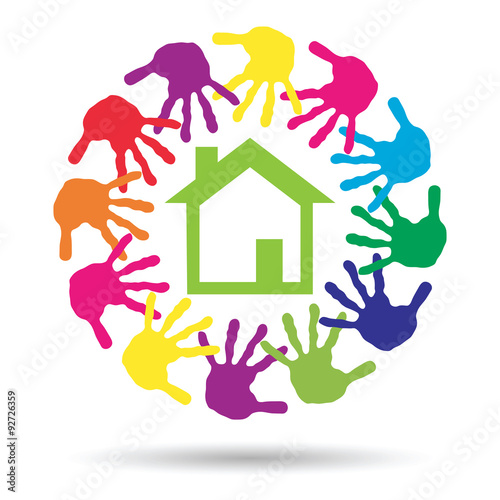 Vector concept circle of hands, green house symbol