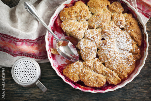 Stewed apple, plum and coconut cobbler