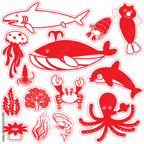 Red silhouette icons life under the sea