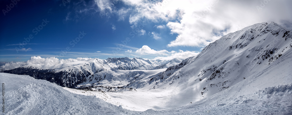 Fototapeta premium Winter mountain fir forest snowy panorama