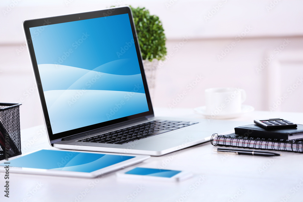 Fototapeta premium Modern workplace with laptop, close up