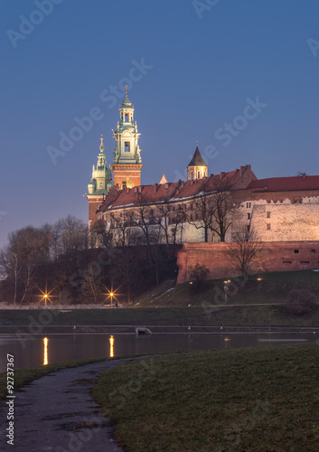 Wawel Castle and Wawel cathedral seen from the Vistula boulevards in the evening #92737367