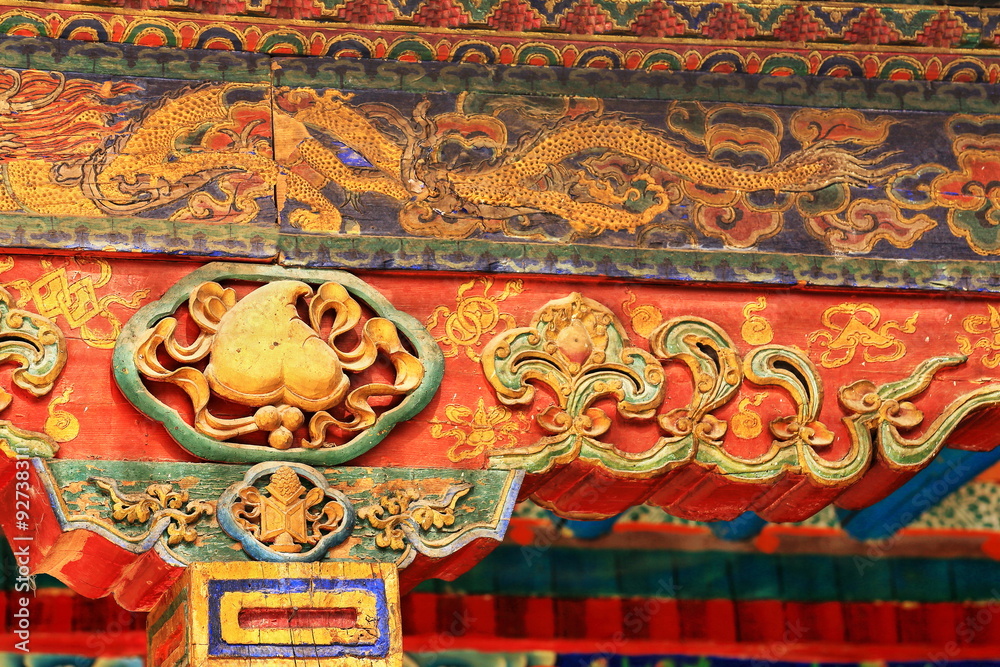 Many colored wooden beams of the Tashilhunpo monastery. Shigatse-Tibet. 1724