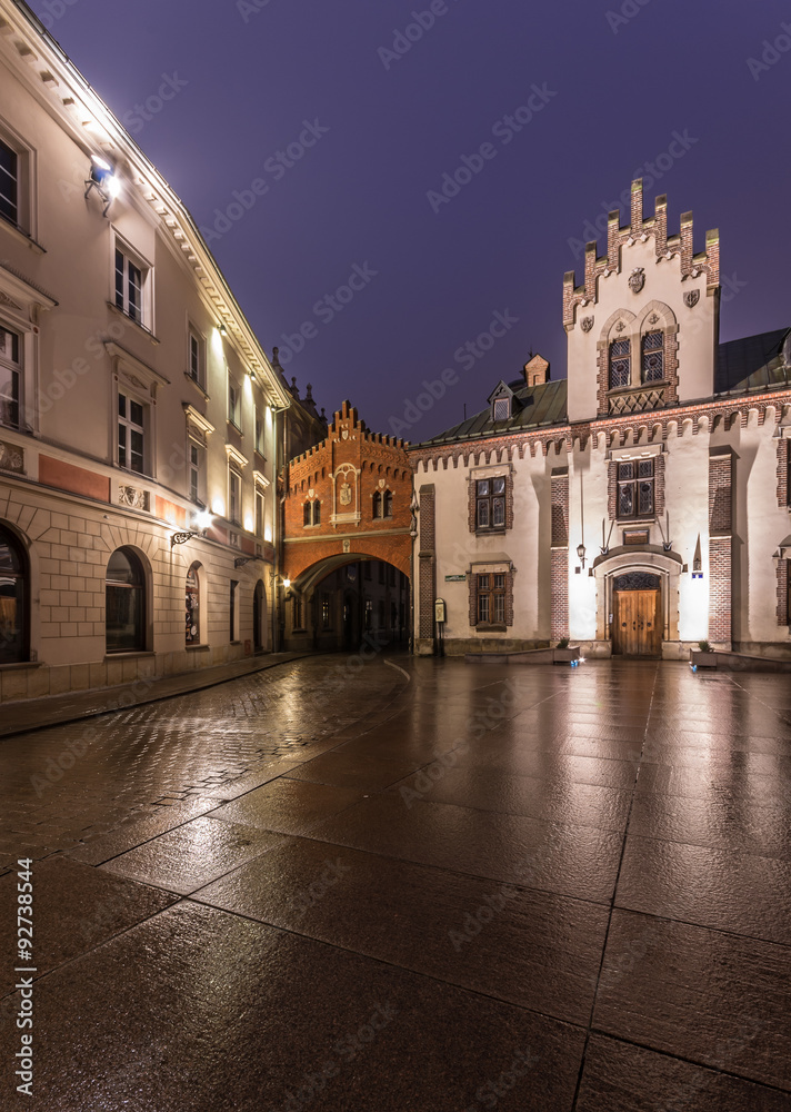 Fototapeta premium Czartoryski Museum on Pijarska street on rainy morning, Krakow Poland