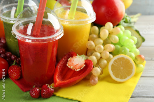 Fresh juice mix fruit, healthy drinks on wooden table background