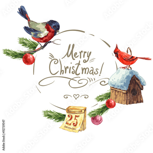 Greeting card with bullfinch, Birdhouse Christmas tree