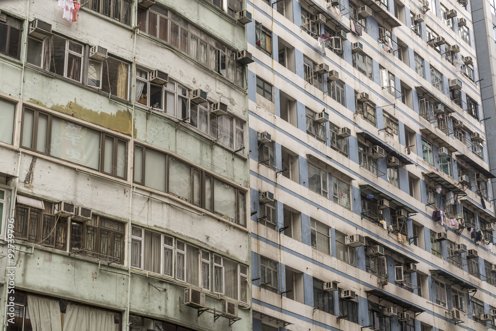 Fototapeta premium Detail of old, run down apartment block in Hong Kong