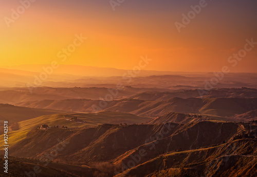 Tuscany  Volterra Le Balze rural landscape on sunset. Italy