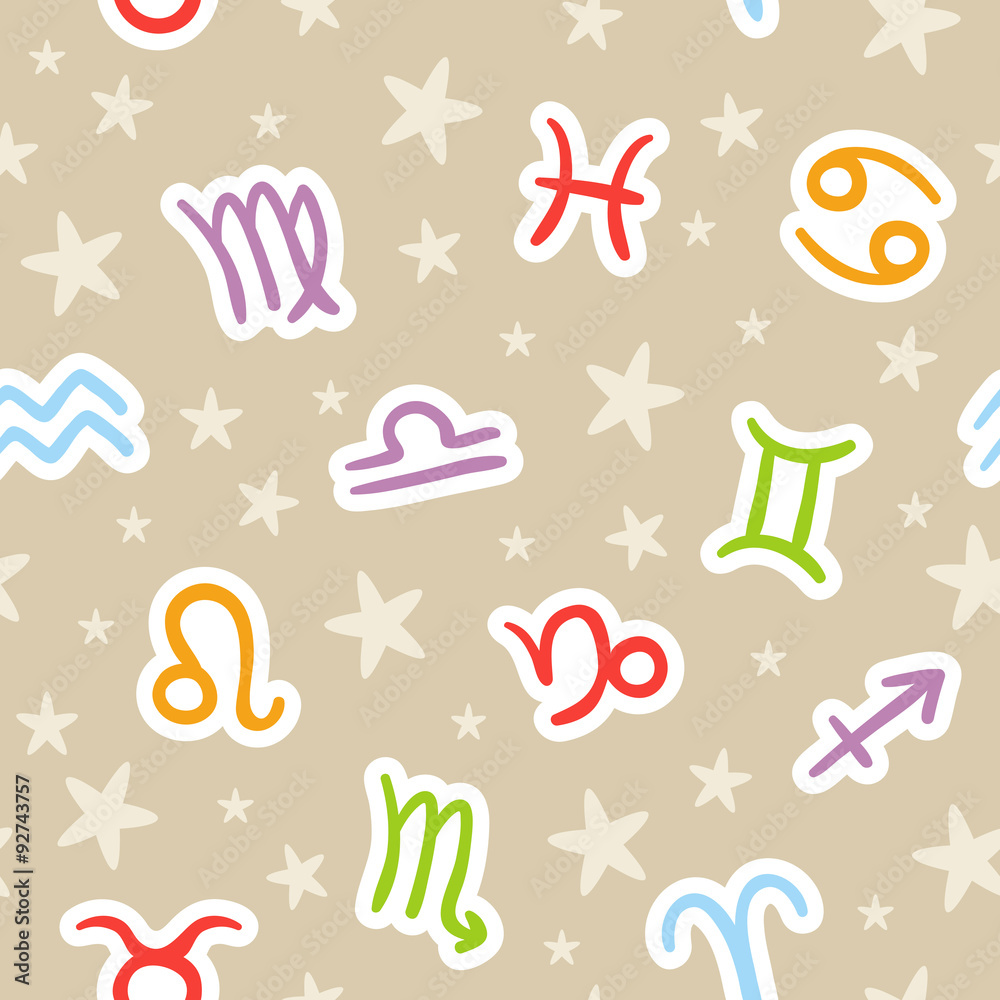 Doodle seamless pattern with bright zodiac signs