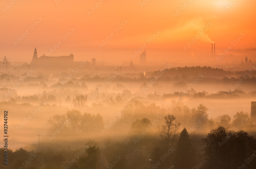 Morning panorama of Krakow old town, Poland, from Bodzow artillery fort